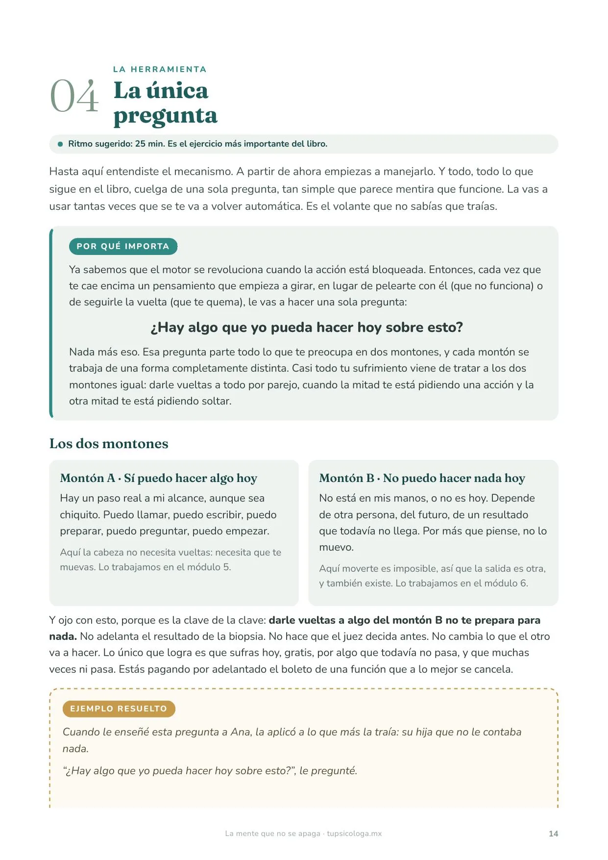 Módulo 04 "La única pregunta": la herramienta central del libro (¿hay algo que yo pueda hacer hoy sobre esto?) y los dos montones, A (sí puedo) y B (no puedo).