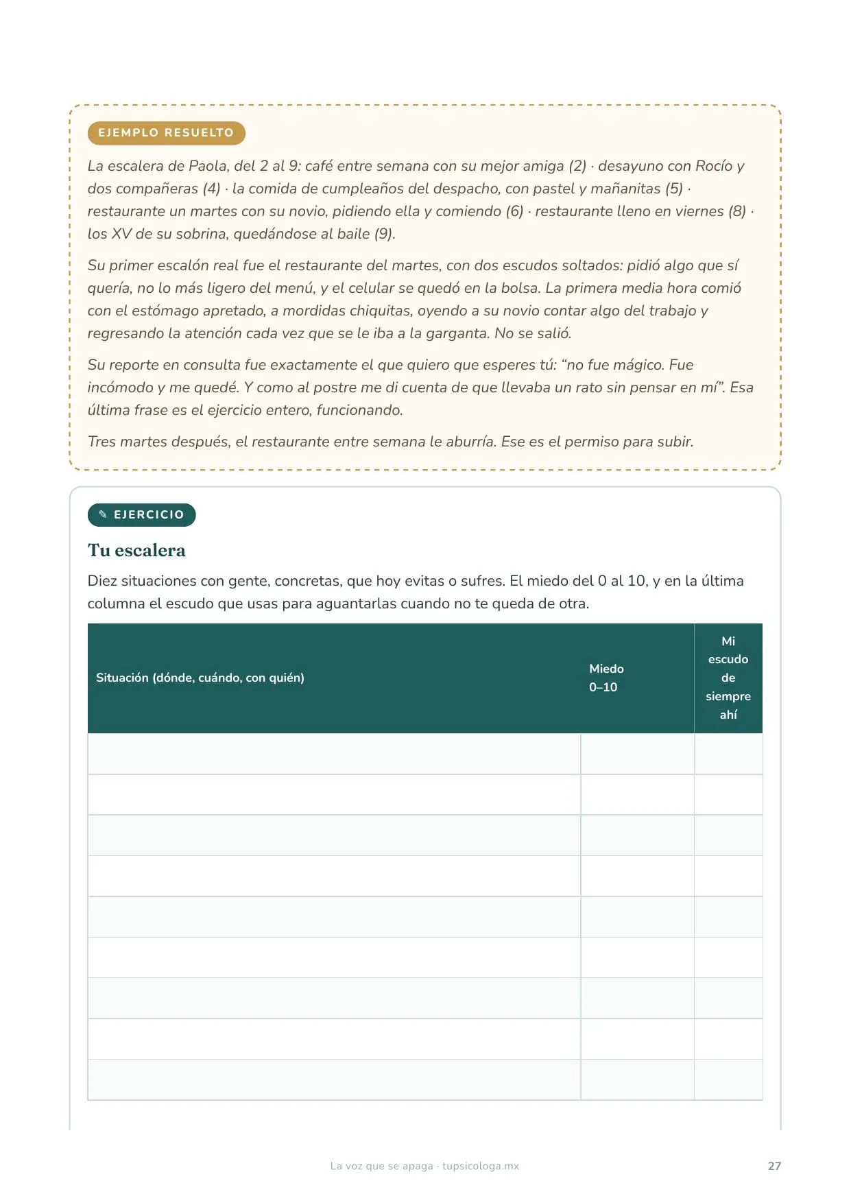 Ejercicio "Tu escalera": ejemplo resuelto de recuperar situaciones sociales escalón por escalón, y la tabla para armar la propia con el nivel de miedo del 0 al 10.