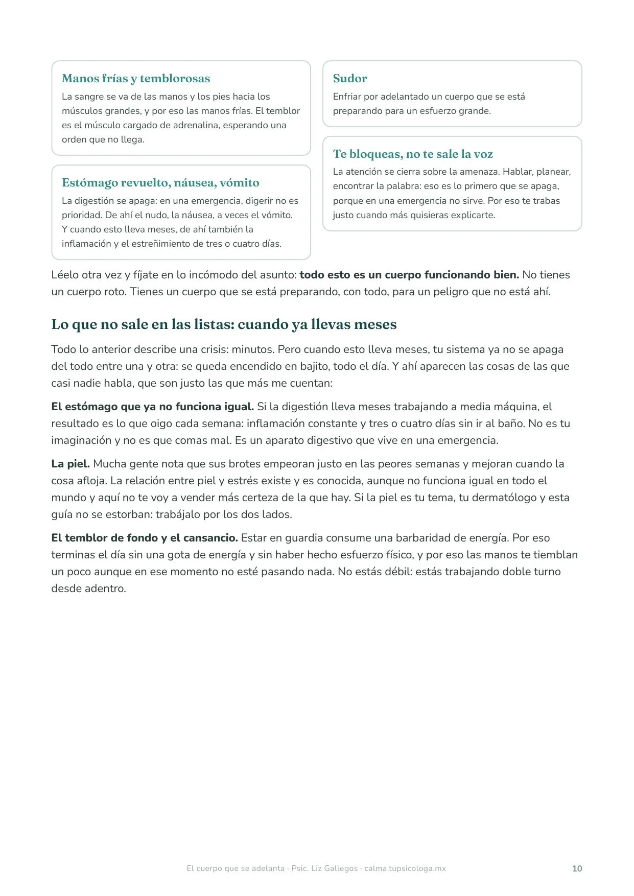 Página del Módulo 02: los síntomas explicados uno por uno (manos frías, sudor, estómago, bloqueo), y por qué son un cuerpo funcionando bien, no un cuerpo roto.